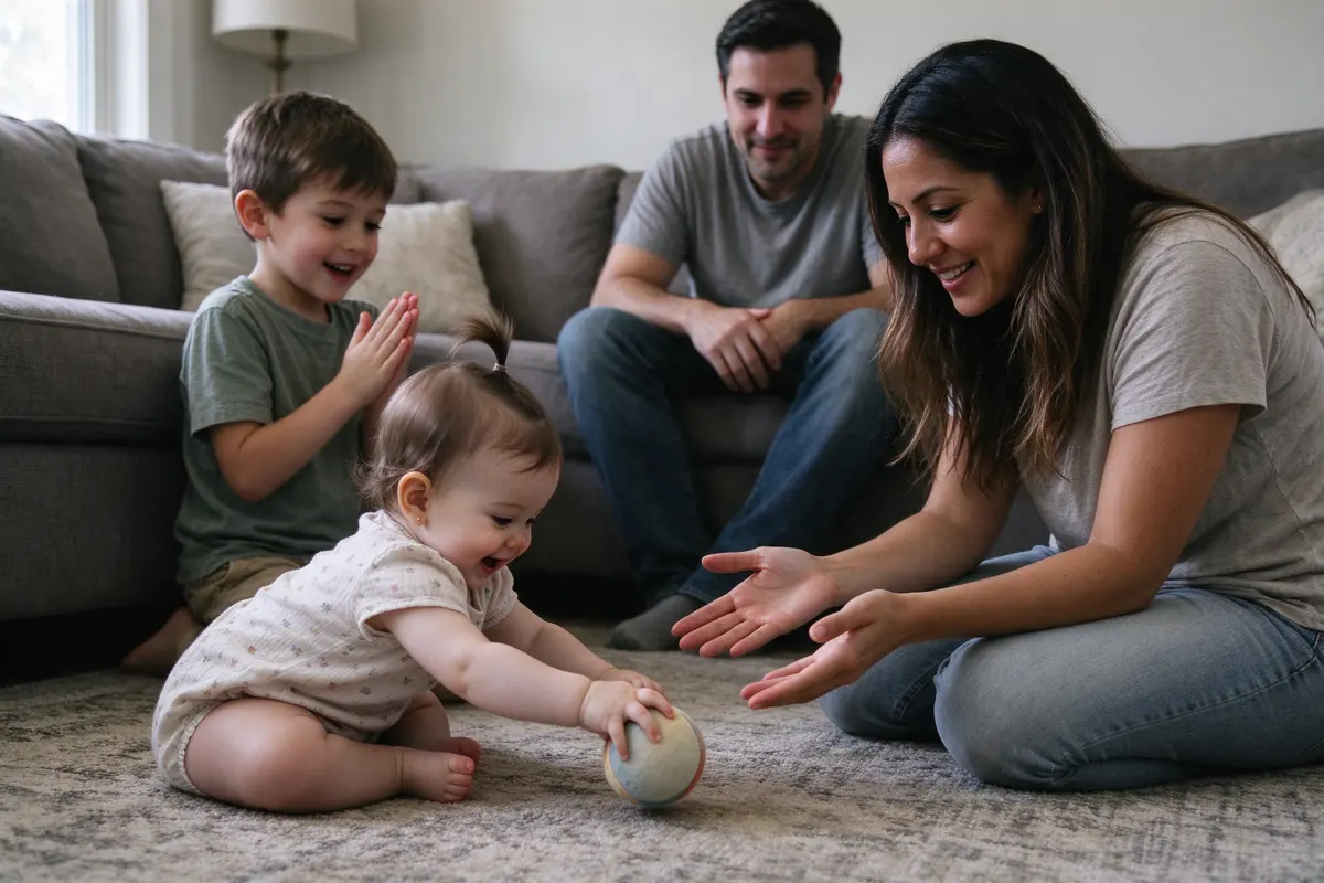 The baby, sitting, shoving a soft fabric ball away with both hands toward the mother's open palms a few feet off, her brother kneeling beside her clapping, the father watching from the sofa.