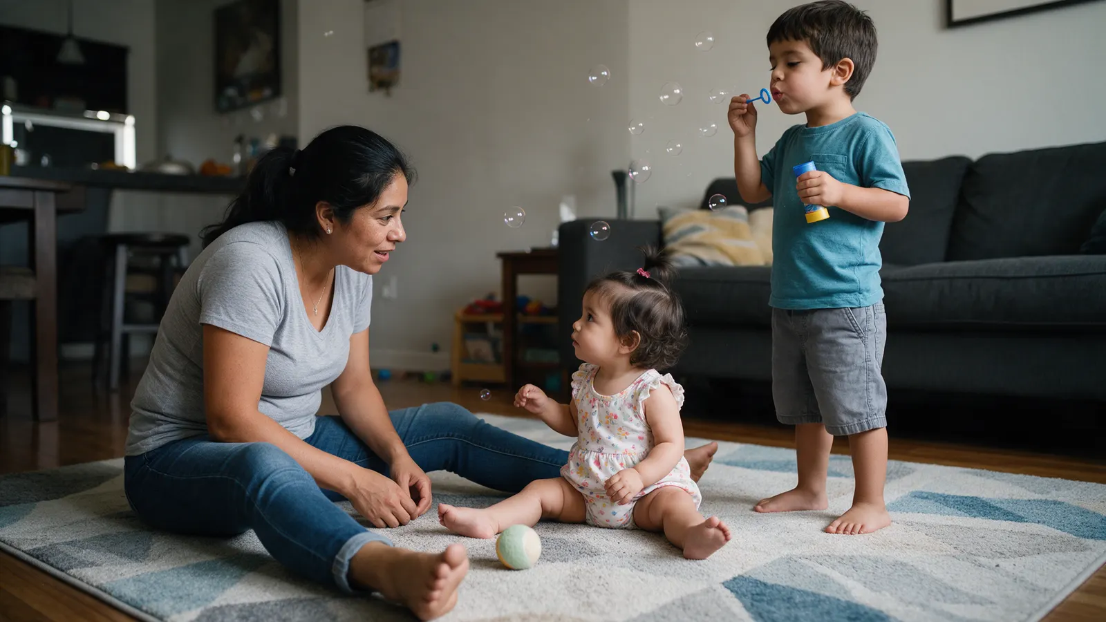 A Latina mother on a living-room rug, legs apart, facing her fifty-week-old daughter sitting the same way, a soft ball between them, the four-year-old brother blowing bubbles to the side.