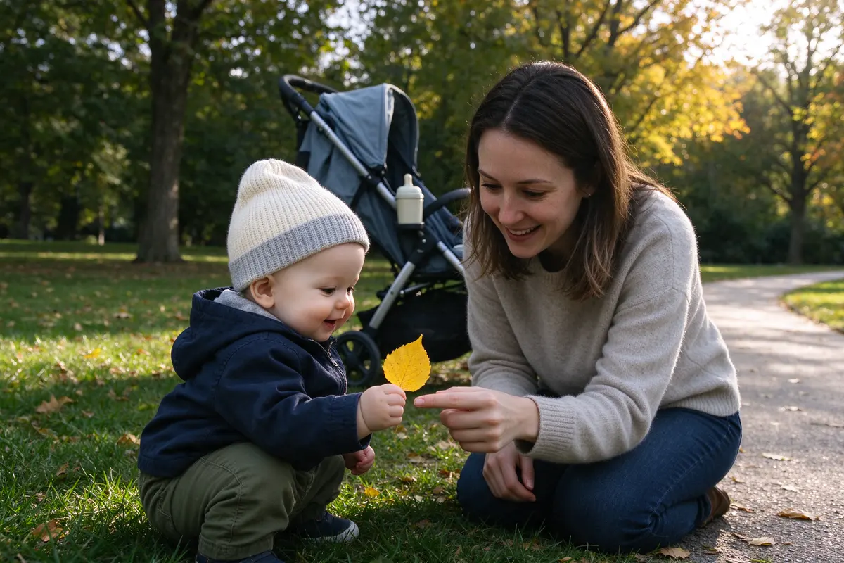 The baby crouched on the grass in a knit hat holding up a yellow leaf to one mother, who kneels and points at it, the stroller parked on the path behind with a water cup in its holder.