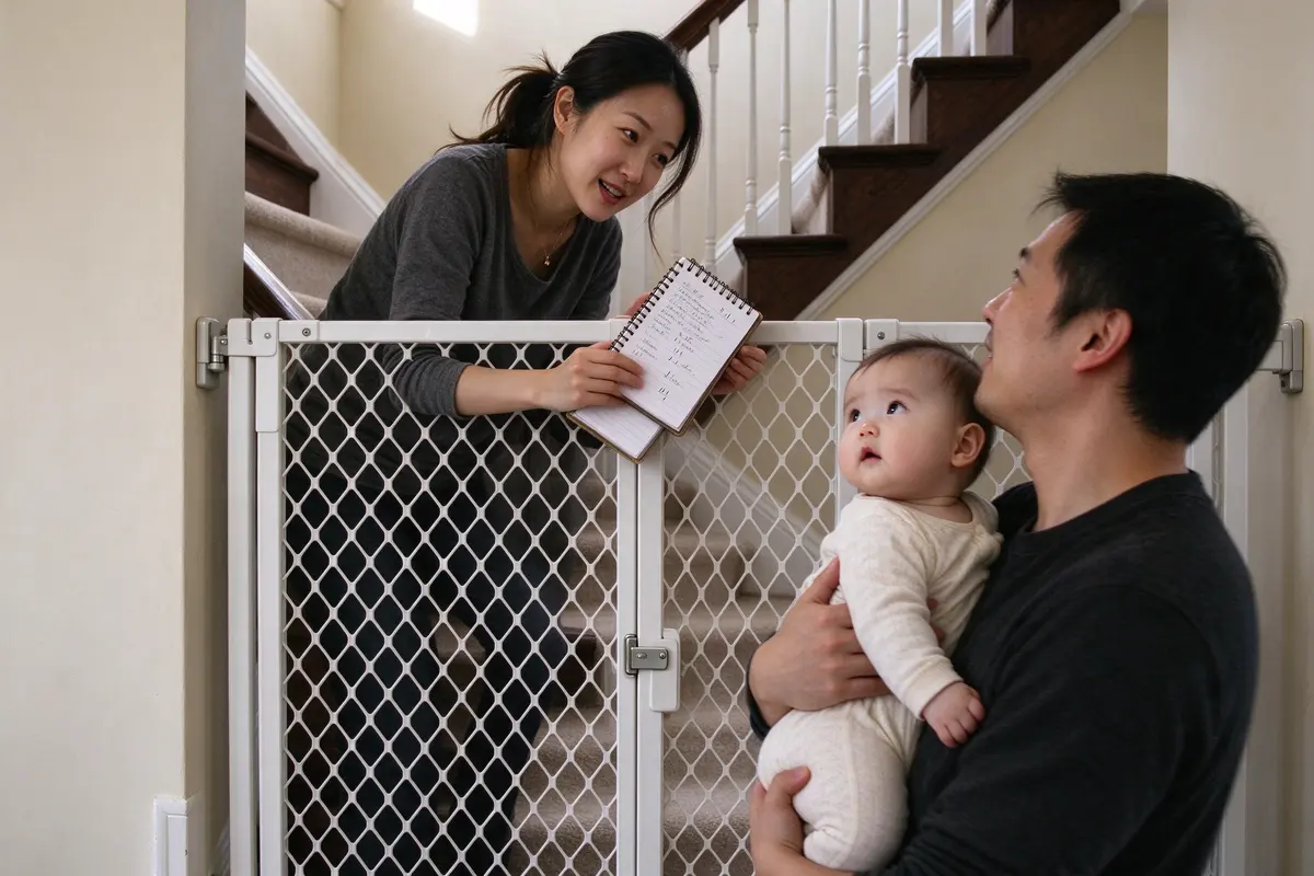 The mother sitting on the stairs behind a wall-mounted gate with a notepad listing rooms, half ticked, the father carrying the baby past below, both of them looking up at her.