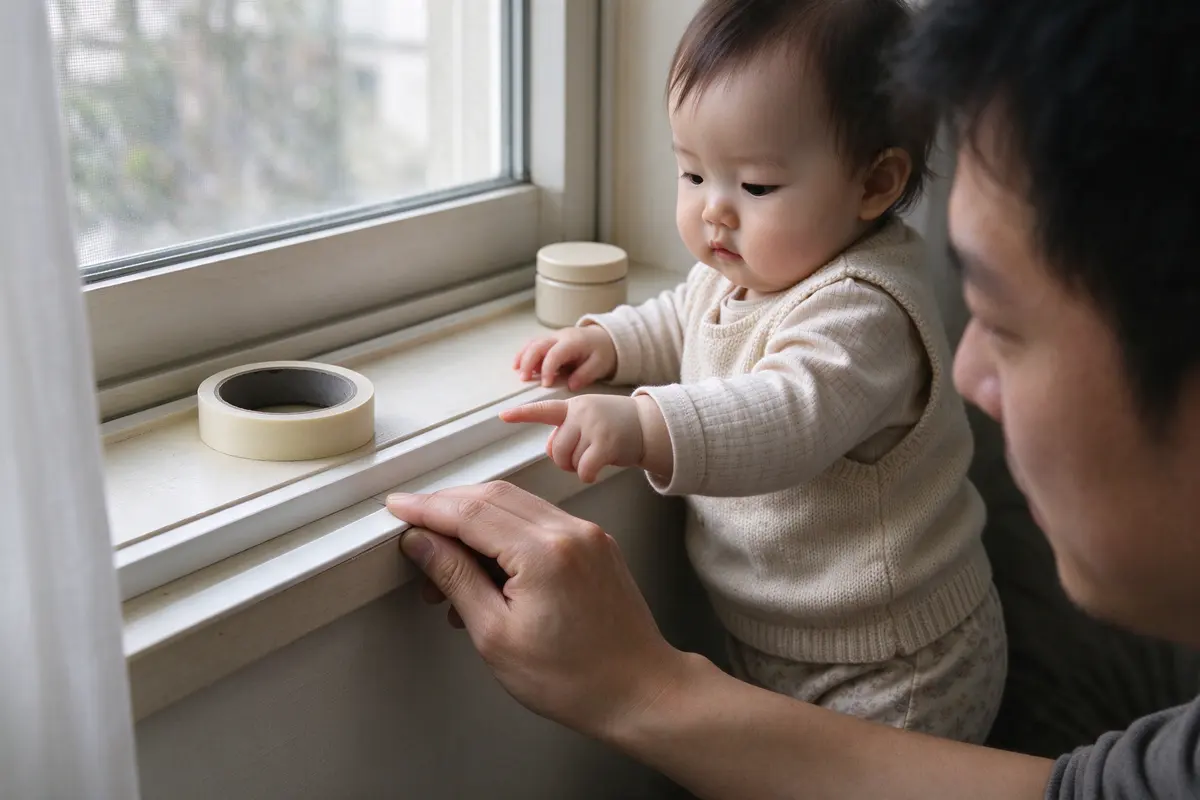 Close on the father's hand pressing a window stop into place while the baby stands at his knee pointing at it, a roll of tape and two coin batteries in a jar on the sill above her reach.