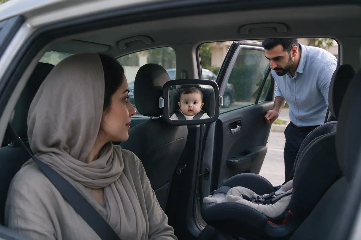 The mother in the driver's seat before pulling out, turned to look at the baby in the mirror clipped to the headrest, her own seat belt crossing her chest, the father closing the back door.