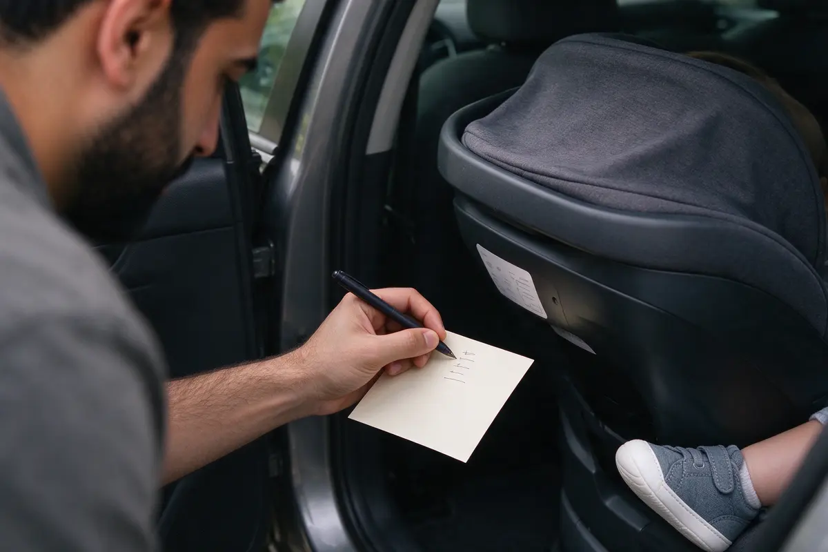 Close on the father's hand copying the rear-facing weight and height limits from the seat's label onto the back of a calendar card, the baby's sneaker visible past the seat's edge.