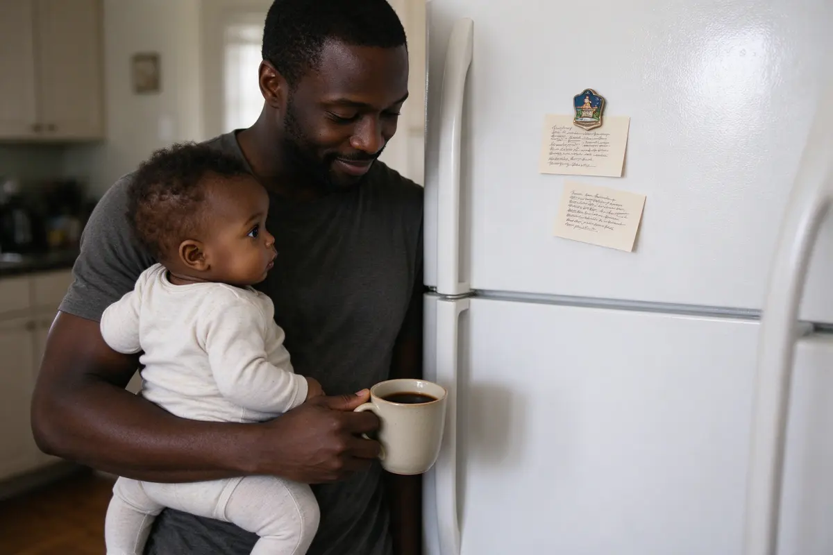 The fridge door the next morning with the baby's new card and the mother's own shorter card under one magnet, the father reading them with a coffee held well away from the baby on his hip.