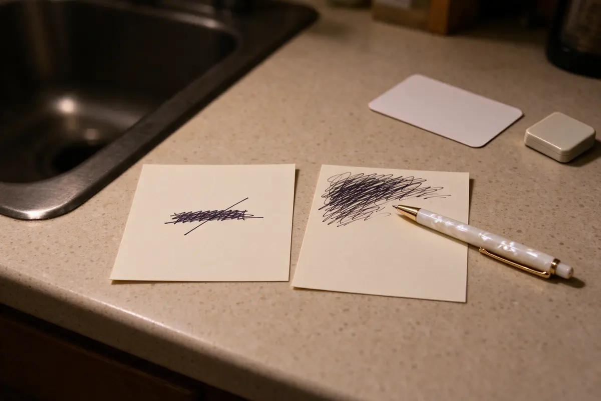 Close on two index cards side by side, the old one with a line crossed out and the new one half written, the mother's pen paused, a fridge magnet and the pediatrician's card beside them.