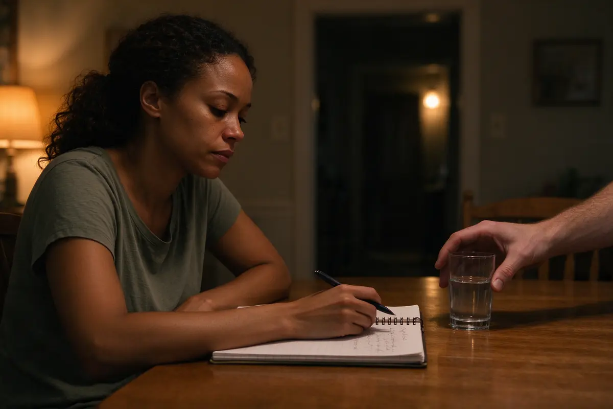 The mother alone at the table after bedtime with the notepad turned to the sixth line, her pen resting on it, the father's hand setting a glass of water beside her from out of frame.