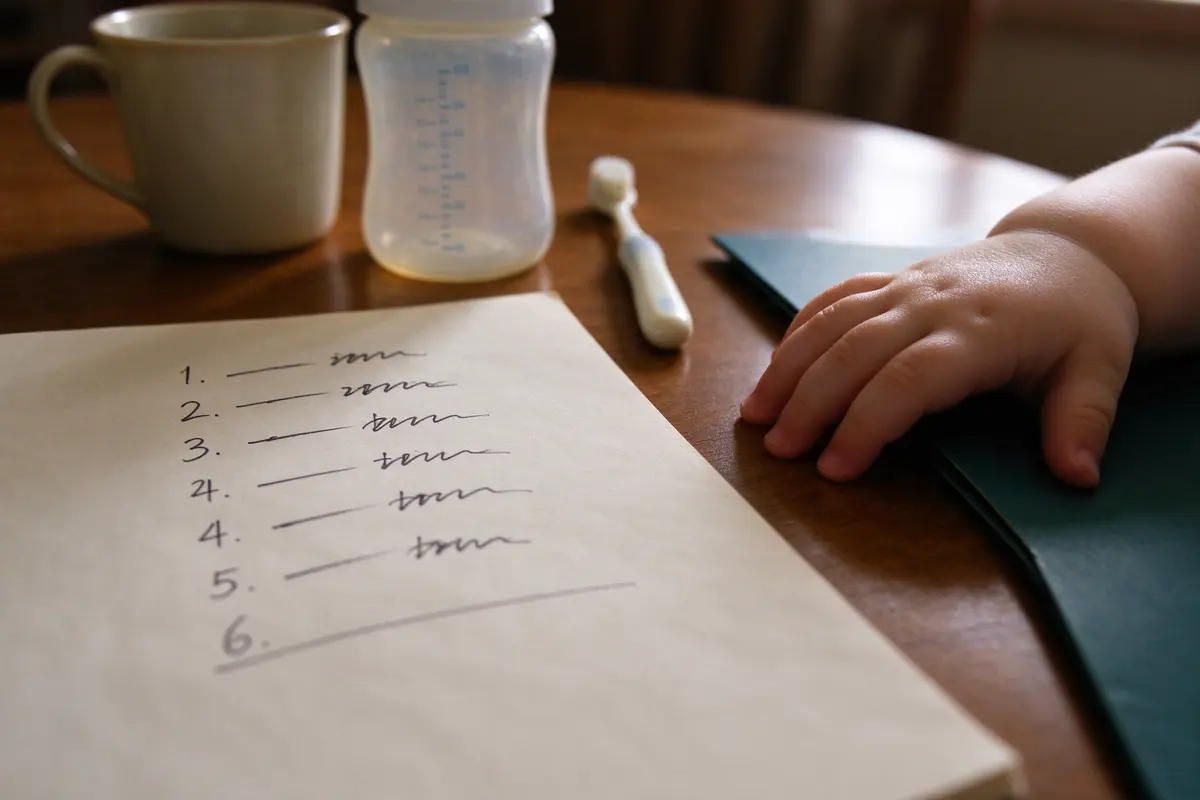 Close on the notepad with five numbered lines and a sixth below a drawn line, a cup, a bottle, and a toothbrush set in a row at the top of the page, the baby's hand on the folder's edge.