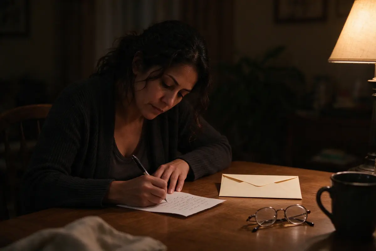 The mother alone at the coffee table at night, a second, shorter letter folded into its own envelope, writing a date one year ahead on the front, the grandfather's reading glasses beside her.