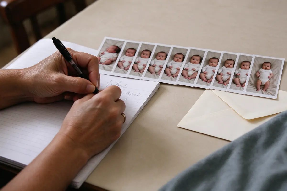 Close on the mother's hand writing on lined paper beside the twelve photos laid out in a row, the first a newborn on a blanket, the last the same blanket with a standing baby, an envelope waiting.