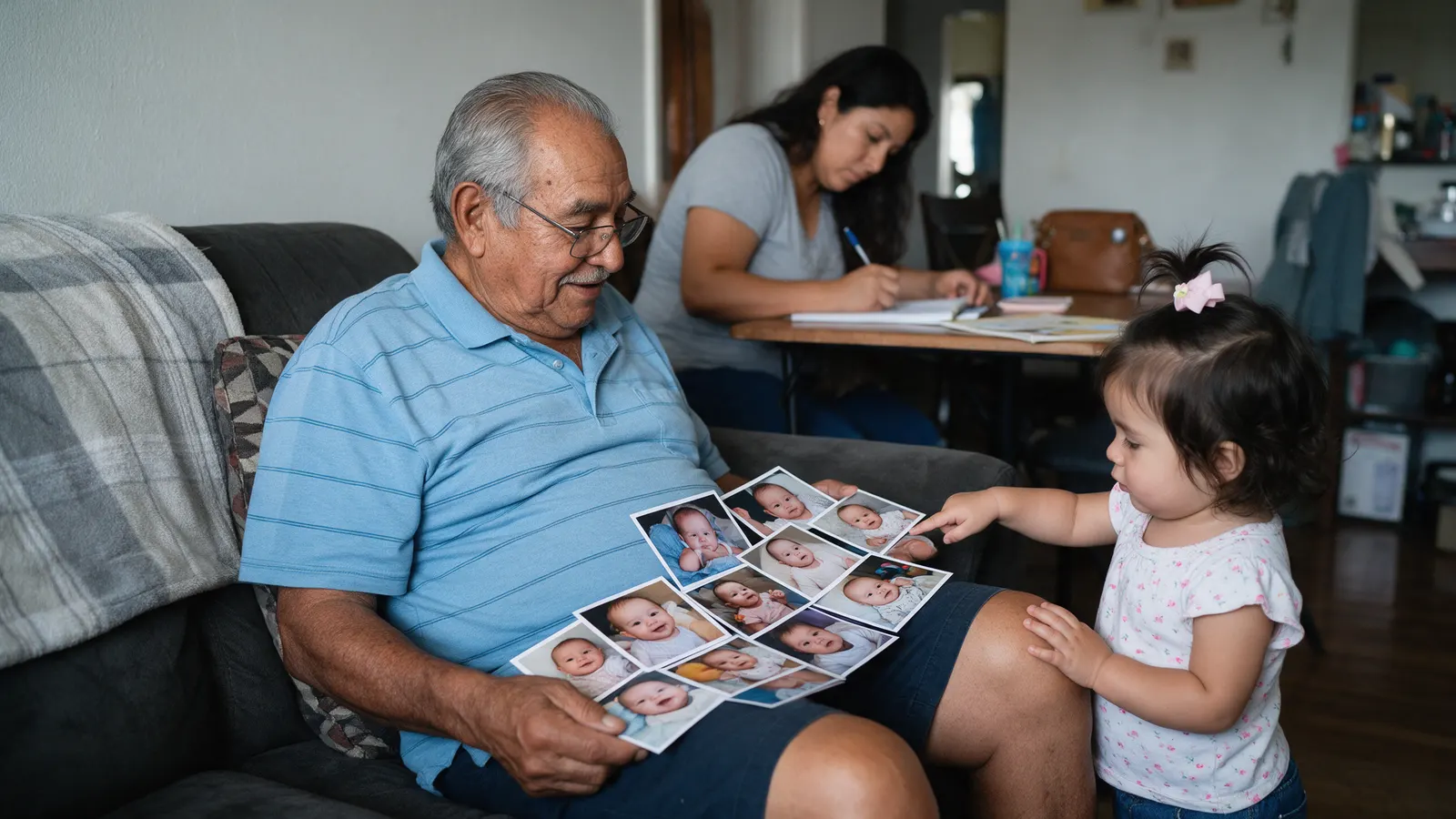 A Latino grandfather on a sofa with twelve printed photos fanned across his lap, his fifty-two-week-old granddaughter standing at his knee pointing at the first, the mother writing at the table.