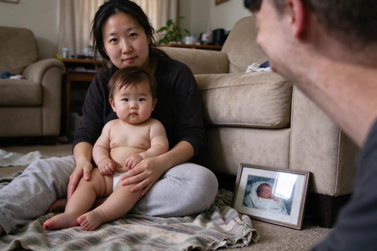The mother on the same blanket with the baby in her lap, hair undone, looking straight at the camera the father holds, her day-one hospital photo propped against the sofa leg beside them.