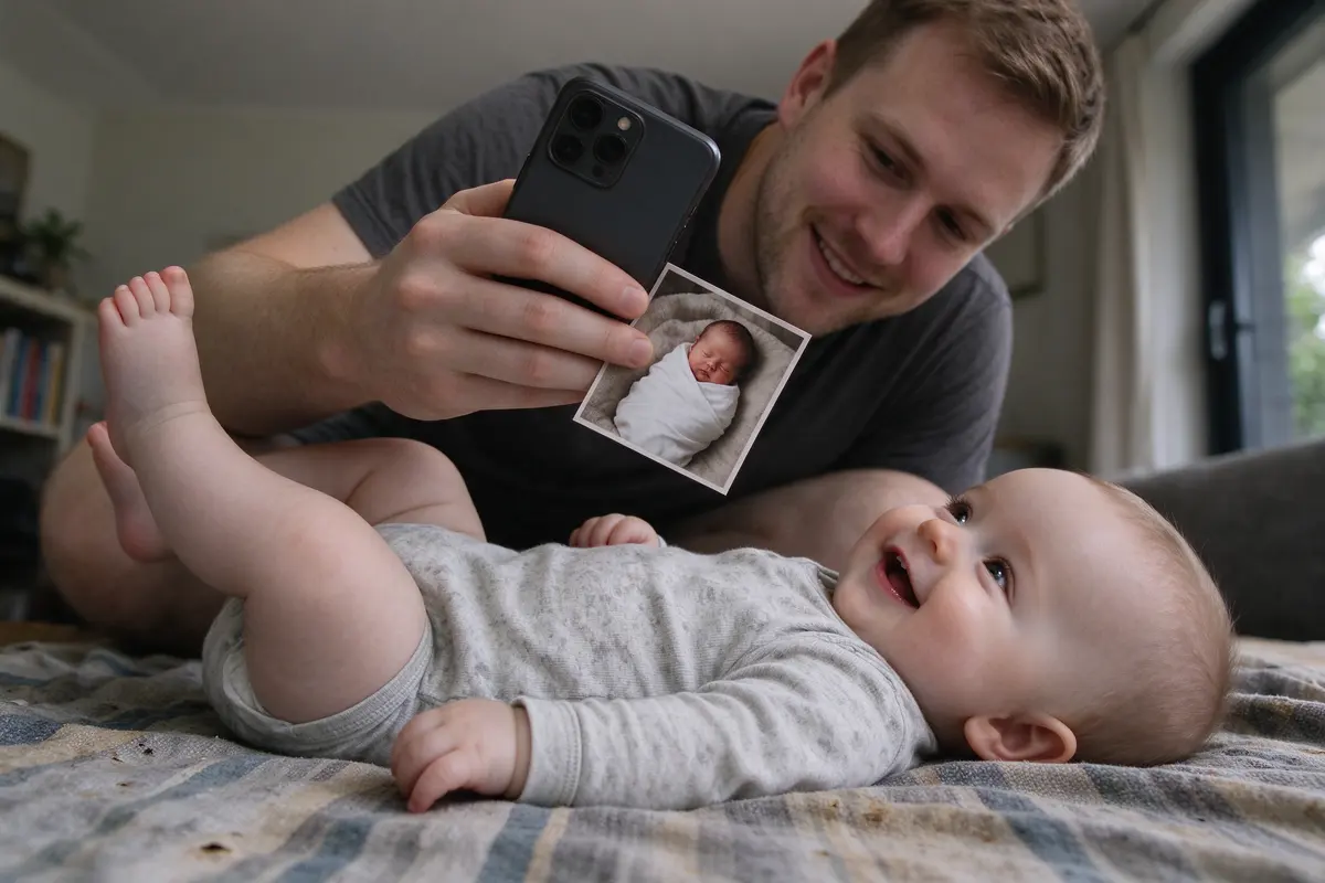 The baby on his back on a worn striped blanket on the living-room floor, grinning at the ceiling with legs kicked up, the father crouched above with a phone and the first-day photo held beside it.