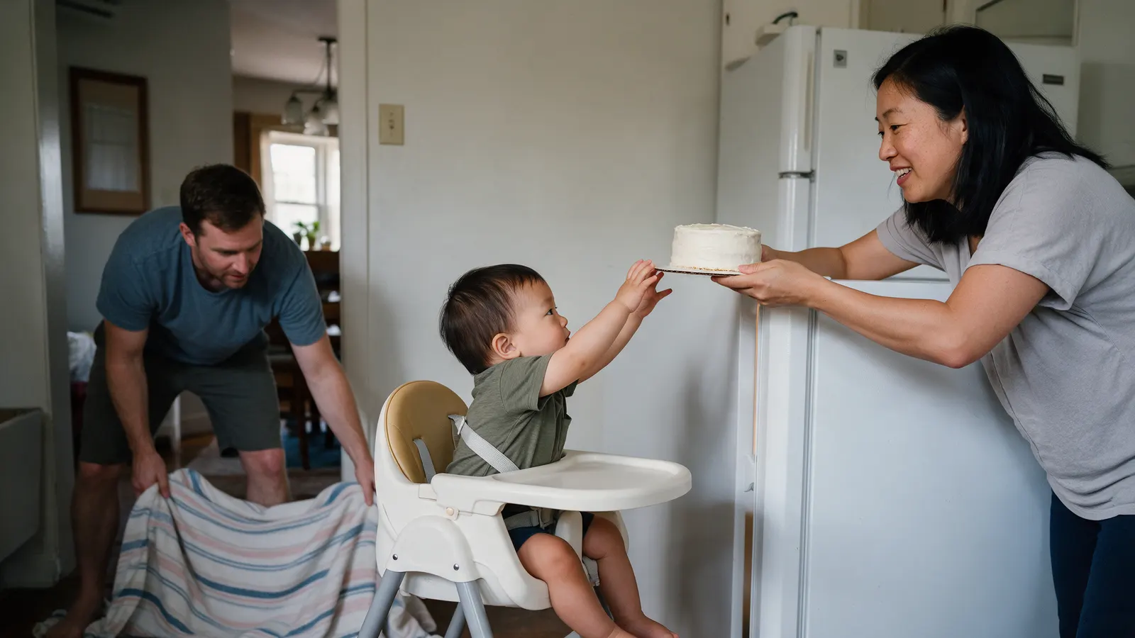 A Korean-American mother sliding a small iced cake onto the top of the fridge while her fifty-two-week-old son reaches for it from his high chair, harness on, the white father spreading a blanket.