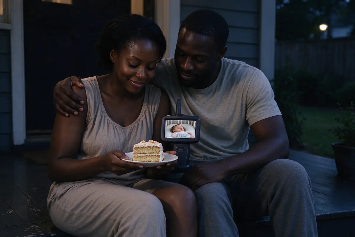 The parents on the back step after bedtime, the monitor between them showing a sleeping toddler on her back in a bare crib, the mother holding a slice of cake on a plate, the father's arm around her.