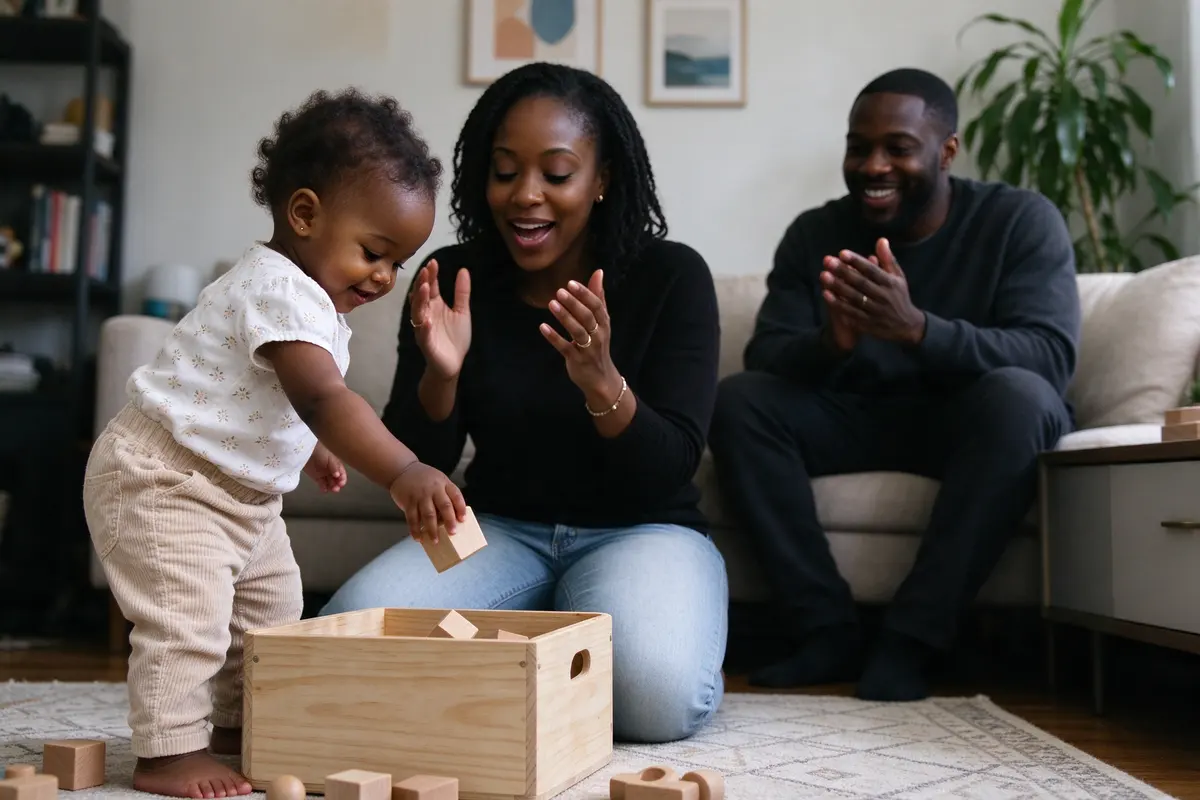 The baby, standing at a low open bin, dropping a wooden block into it with her whole arm, the mother kneeling beside her mid-song with her hands up, the father clapping from the sofa.