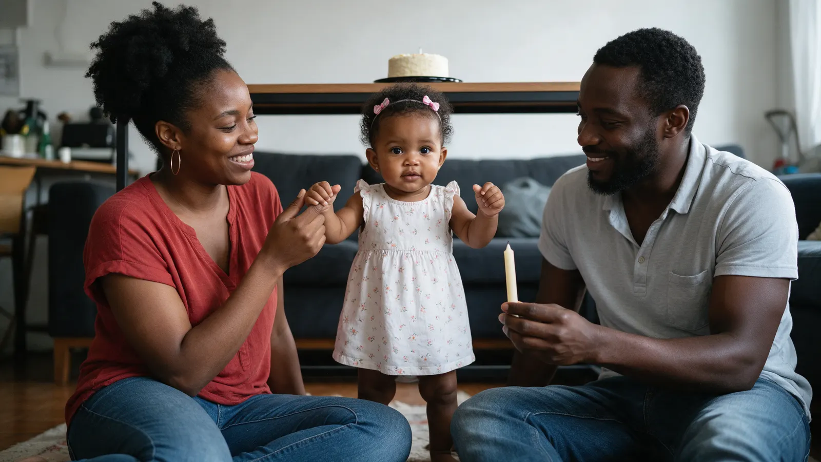 A Black mother and father on a living-room floor, their one-year-old daughter standing between them holding the mother's thumbs, a small cake on a high shelf behind, a candle in the father's hand.