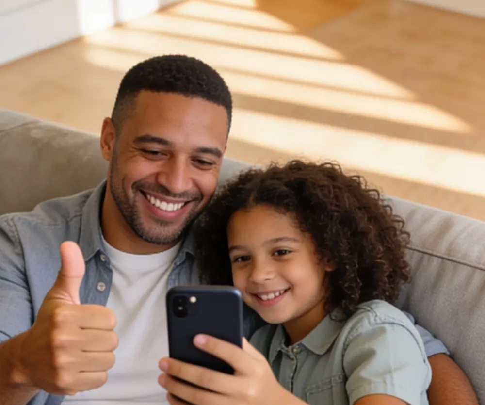 A parent gives a thumbs-up while their child beams beside them.
