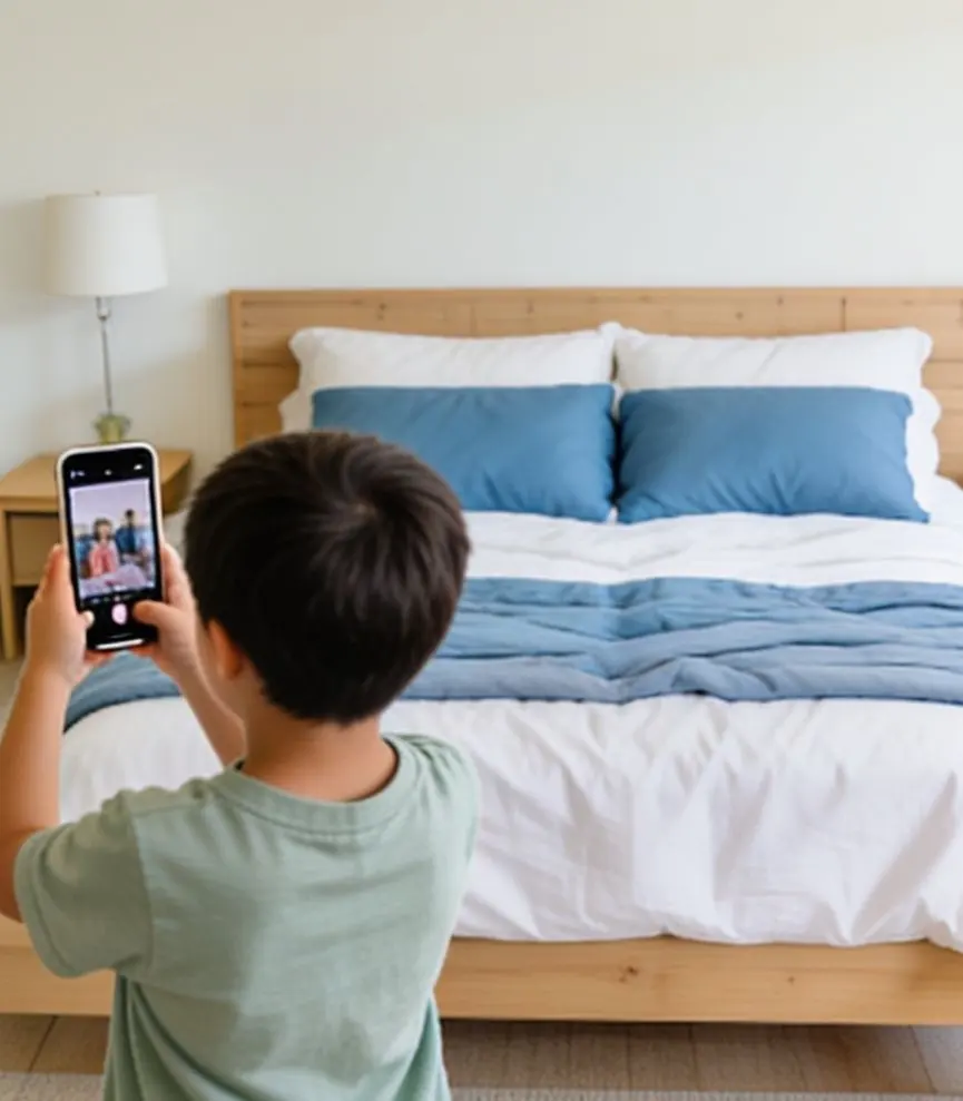 A child photographs their freshly made bed with a phone.