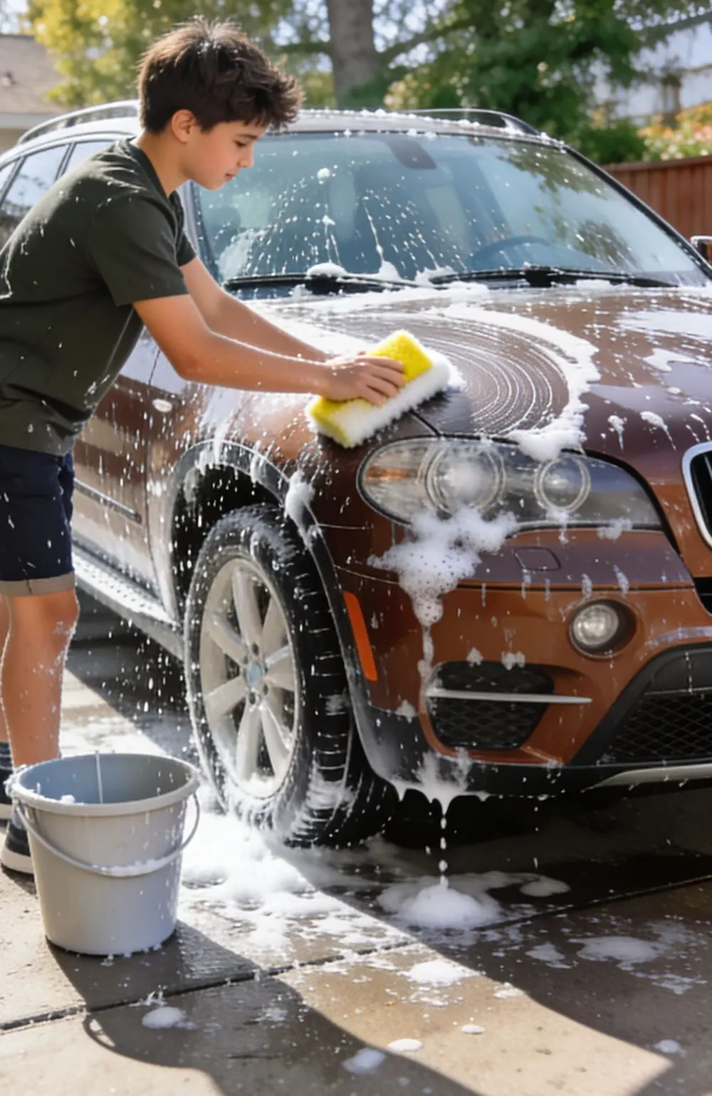 A teenager scrubs the family car with a soapy sponge in a sunny driveway.