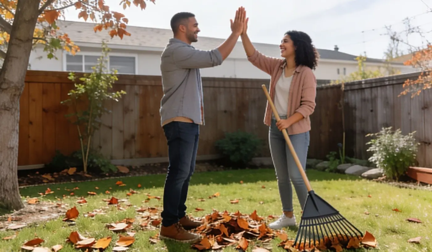 Two adults high-five in a tidy backyard after raking leaves together.