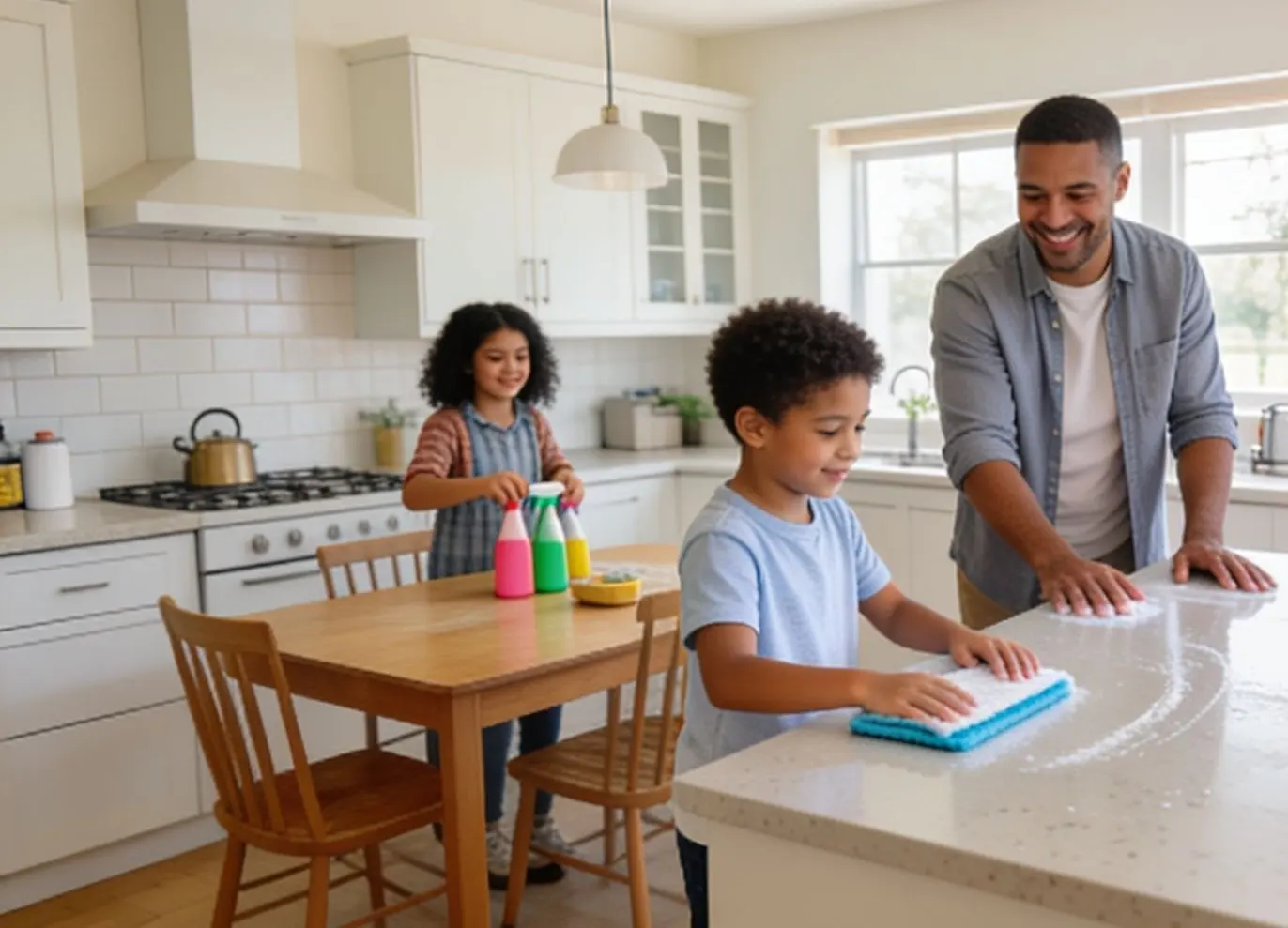 In a sunny kitchen, a child proudly wipes a clean counter while a parent smiles and a younger sibling sets the table.