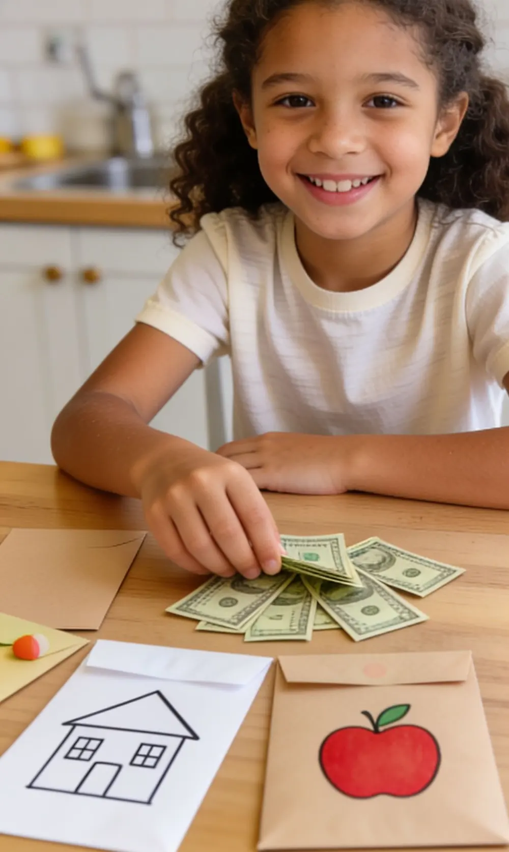 A smiling child sorts paper money into envelopes marked with drawings of a house and an apple.
