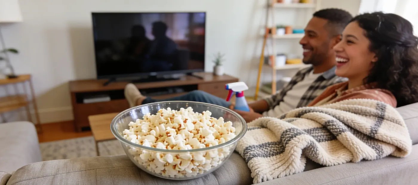 A couple laughs on the couch on movie night beside a big bowl of popcorn.