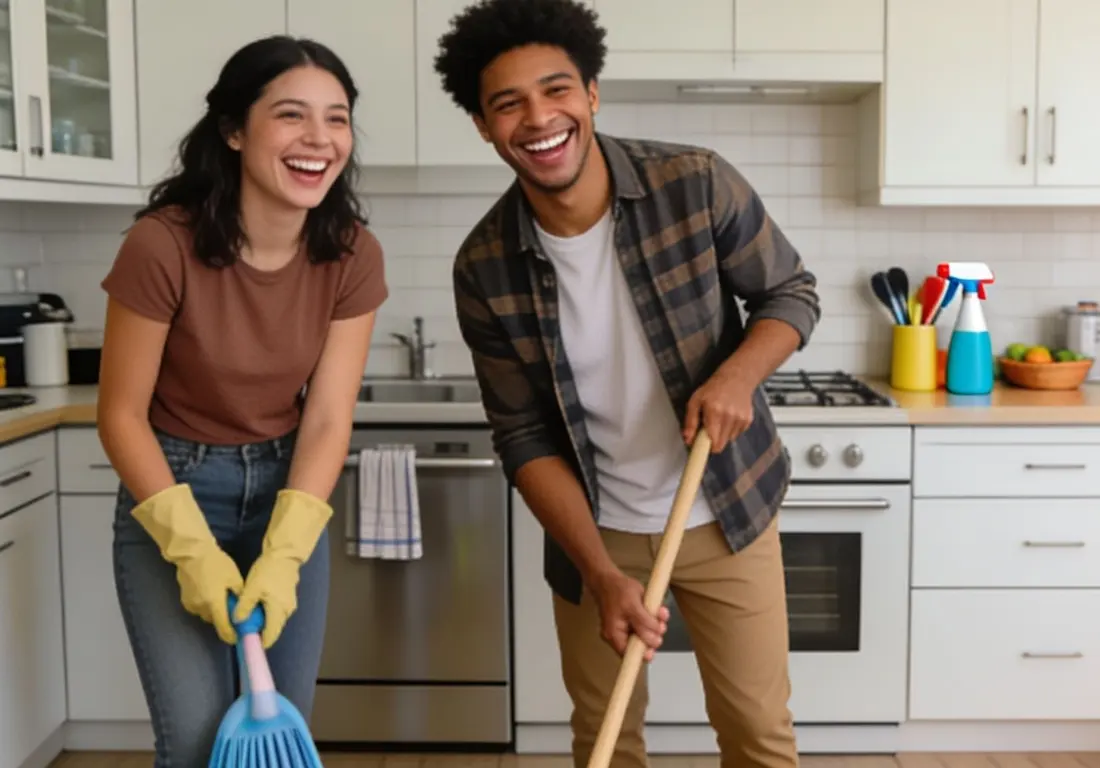 Two young adult roommates laugh while cleaning their shared kitchen.