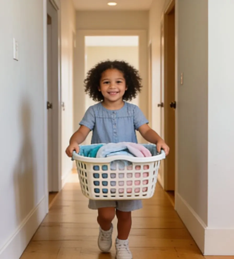 A toddler carries a small laundry basket down the hallway, grinning.